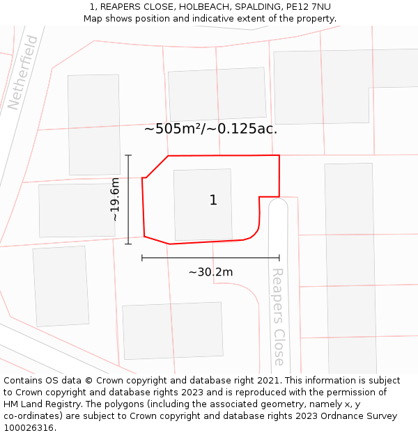 1, REAPERS CLOSE, HOLBEACH, SPALDING, PE12 7NU: Plot and title map