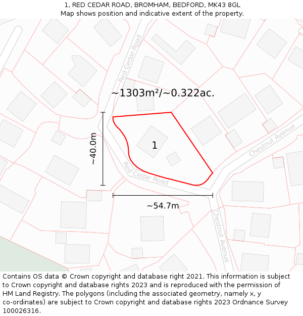 1, RED CEDAR ROAD, BROMHAM, BEDFORD, MK43 8GL: Plot and title map