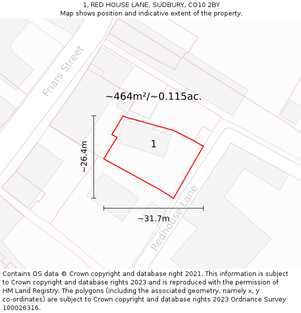 1, RED HOUSE LANE, SUDBURY, CO10 2BY: Plot and title map