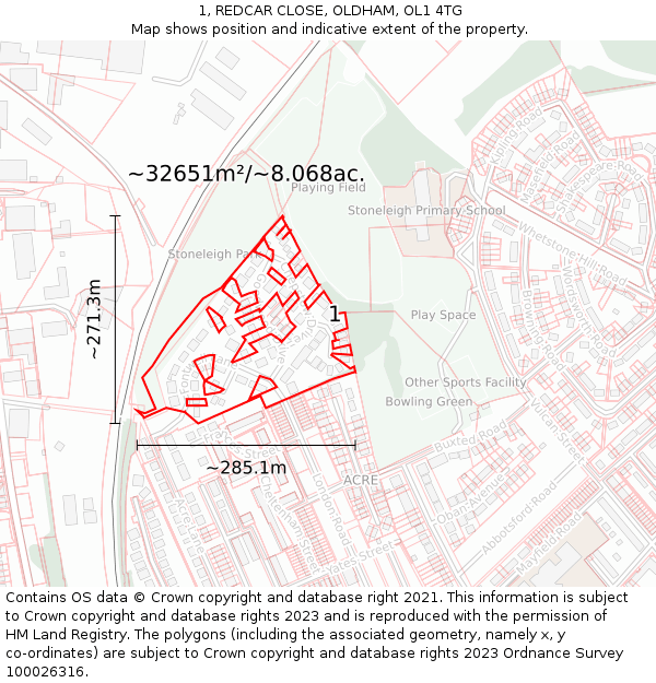 1, REDCAR CLOSE, OLDHAM, OL1 4TG: Plot and title map