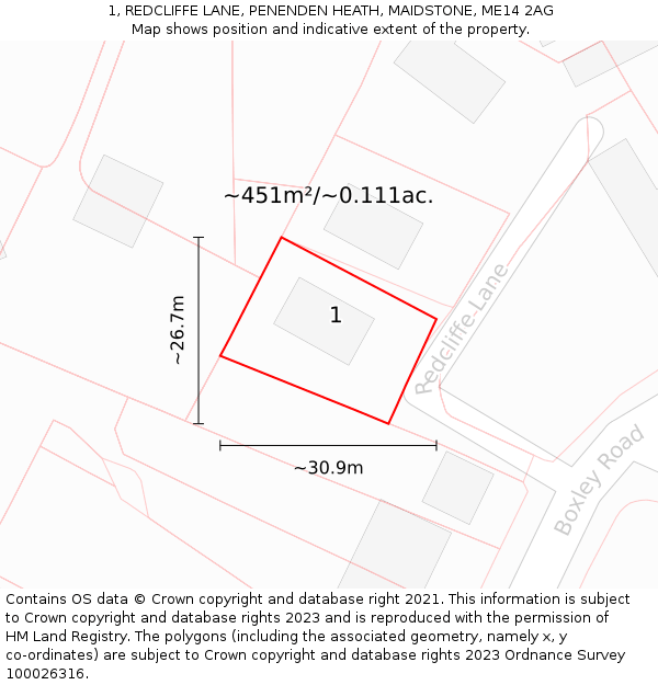 1, REDCLIFFE LANE, PENENDEN HEATH, MAIDSTONE, ME14 2AG: Plot and title map