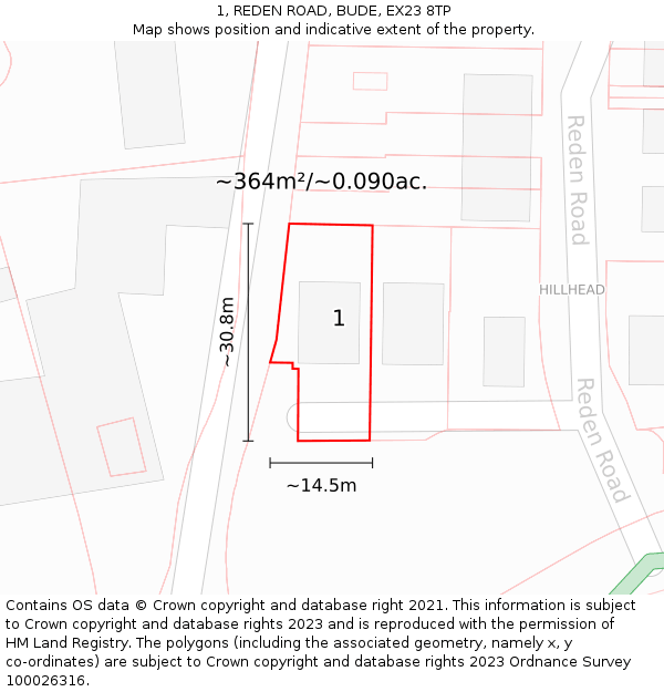 1, REDEN ROAD, BUDE, EX23 8TP: Plot and title map