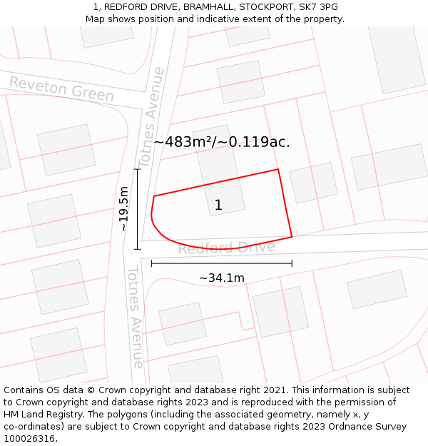 1, REDFORD DRIVE, BRAMHALL, STOCKPORT, SK7 3PG: Plot and title map