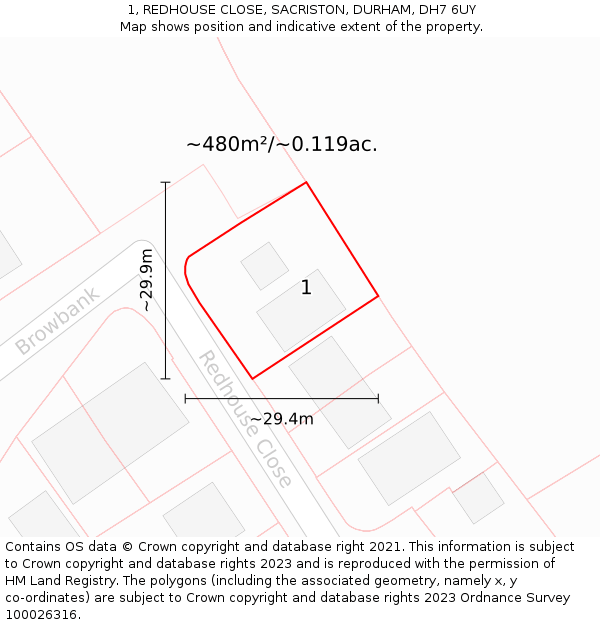 1, REDHOUSE CLOSE, SACRISTON, DURHAM, DH7 6UY: Plot and title map