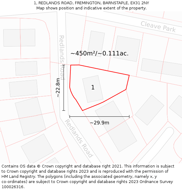 1, REDLANDS ROAD, FREMINGTON, BARNSTAPLE, EX31 2NY: Plot and title map