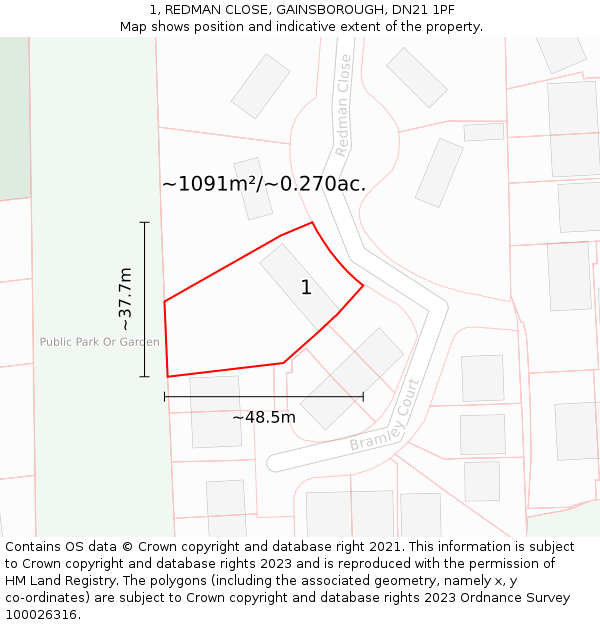 1, REDMAN CLOSE, GAINSBOROUGH, DN21 1PF: Plot and title map