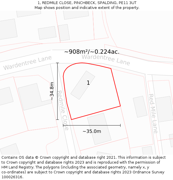 1, REDMILE CLOSE, PINCHBECK, SPALDING, PE11 3UT: Plot and title map