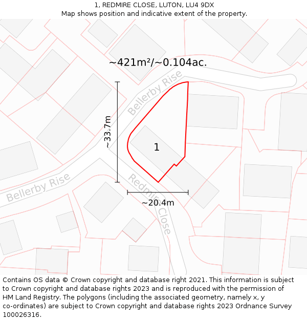 1, REDMIRE CLOSE, LUTON, LU4 9DX: Plot and title map