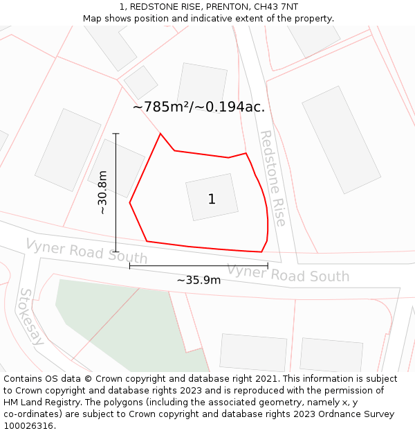 1, REDSTONE RISE, PRENTON, CH43 7NT: Plot and title map