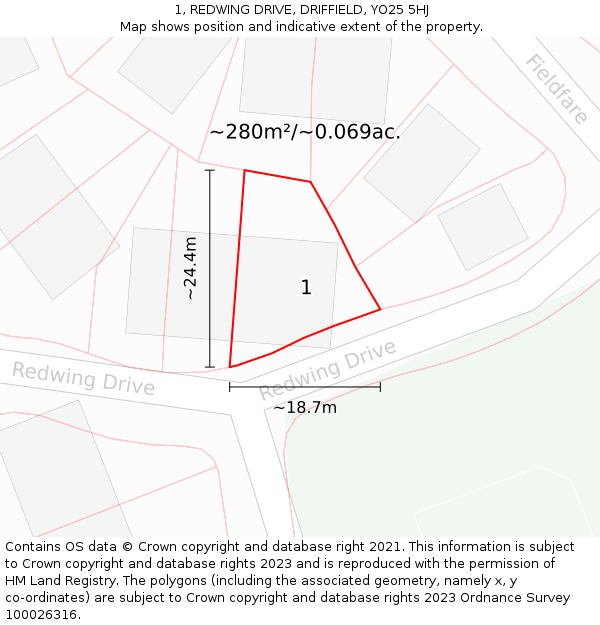 1, REDWING DRIVE, DRIFFIELD, YO25 5HJ: Plot and title map