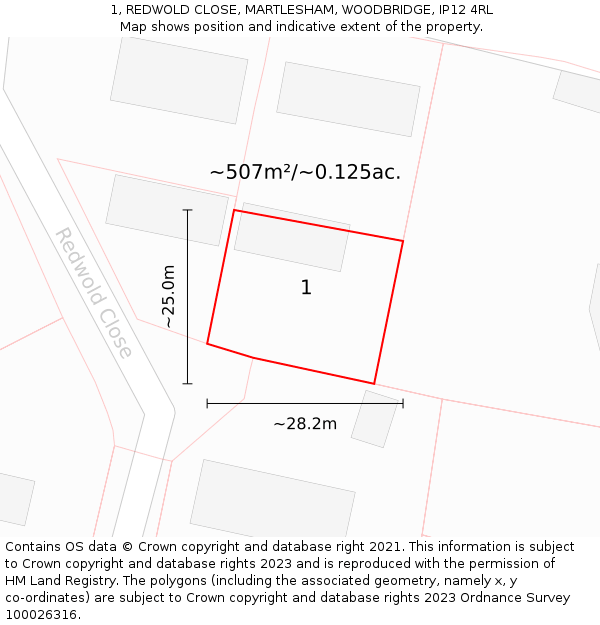 1, REDWOLD CLOSE, MARTLESHAM, WOODBRIDGE, IP12 4RL: Plot and title map