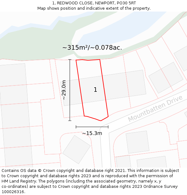 1, REDWOOD CLOSE, NEWPORT, PO30 5RT: Plot and title map