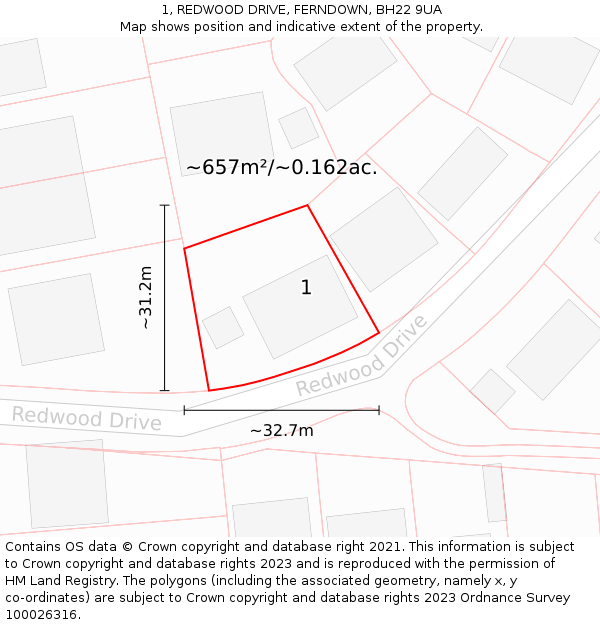 1, REDWOOD DRIVE, FERNDOWN, BH22 9UA: Plot and title map