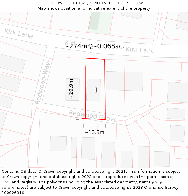 1, REDWOOD GROVE, YEADON, LEEDS, LS19 7JW: Plot and title map