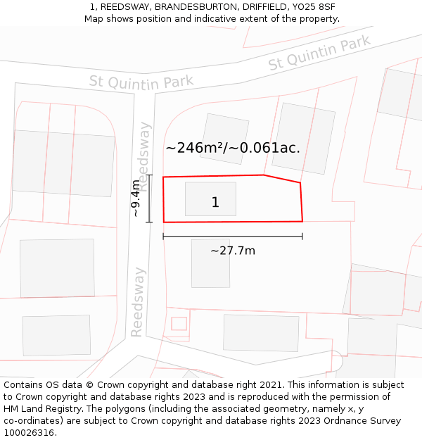 1, REEDSWAY, BRANDESBURTON, DRIFFIELD, YO25 8SF: Plot and title map