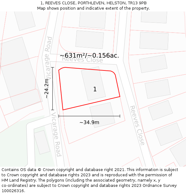 1, REEVES CLOSE, PORTHLEVEN, HELSTON, TR13 9PB: Plot and title map