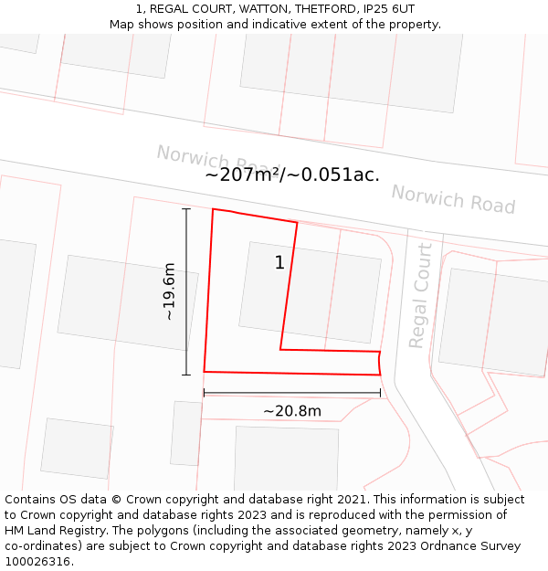 1, REGAL COURT, WATTON, THETFORD, IP25 6UT: Plot and title map