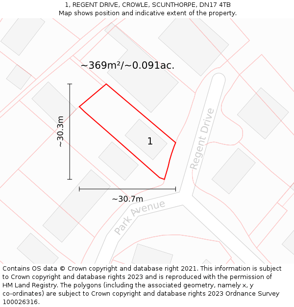 1, REGENT DRIVE, CROWLE, SCUNTHORPE, DN17 4TB: Plot and title map