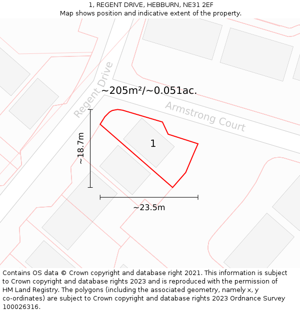 1, REGENT DRIVE, HEBBURN, NE31 2EF: Plot and title map