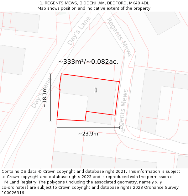1, REGENTS MEWS, BIDDENHAM, BEDFORD, MK40 4DL: Plot and title map