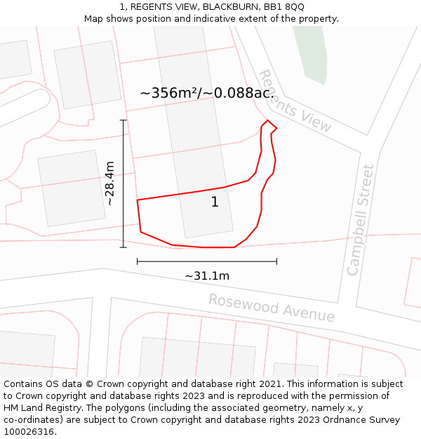 1, REGENTS VIEW, BLACKBURN, BB1 8QQ: Plot and title map