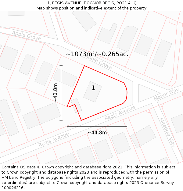 1, REGIS AVENUE, BOGNOR REGIS, PO21 4HQ: Plot and title map