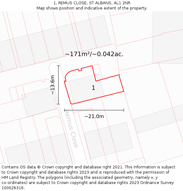 1, REMUS CLOSE, ST ALBANS, AL1 2NR: Plot and title map