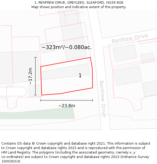 1, RENFREW DRIVE, GREYLEES, SLEAFORD, NG34 8GE: Plot and title map