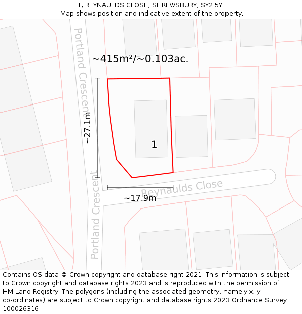 1, REYNAULDS CLOSE, SHREWSBURY, SY2 5YT: Plot and title map