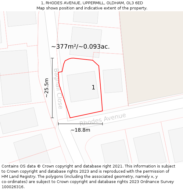 1, RHODES AVENUE, UPPERMILL, OLDHAM, OL3 6ED: Plot and title map