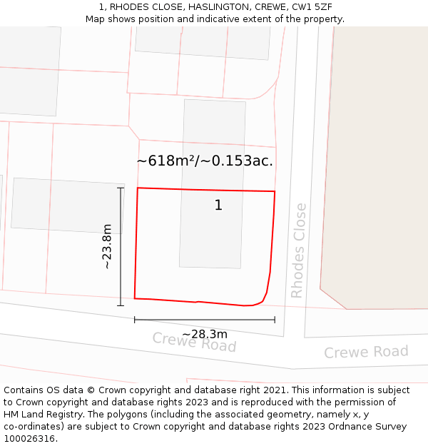 1, RHODES CLOSE, HASLINGTON, CREWE, CW1 5ZF: Plot and title map