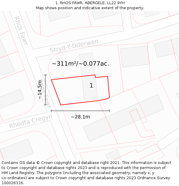 1, RHOS FAWR, ABERGELE, LL22 9YH: Plot and title map