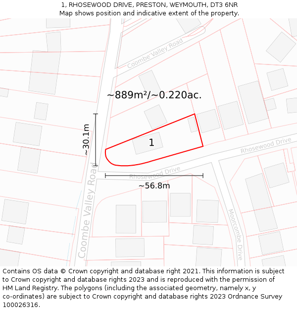 1, RHOSEWOOD DRIVE, PRESTON, WEYMOUTH, DT3 6NR: Plot and title map