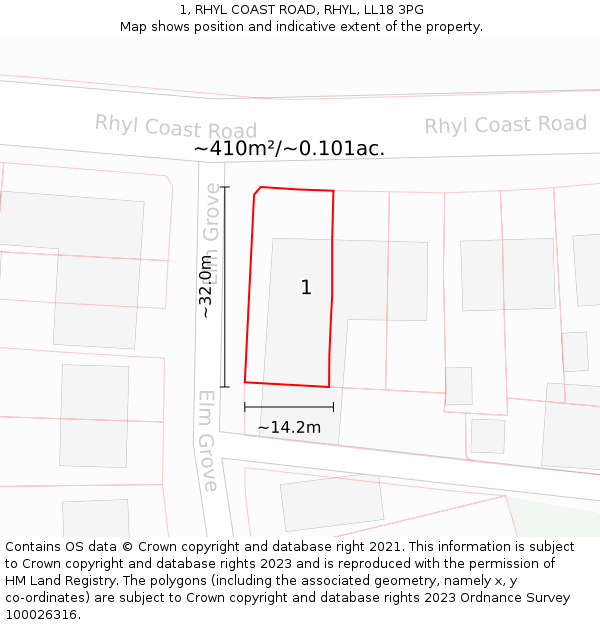 1, RHYL COAST ROAD, RHYL, LL18 3PG: Plot and title map