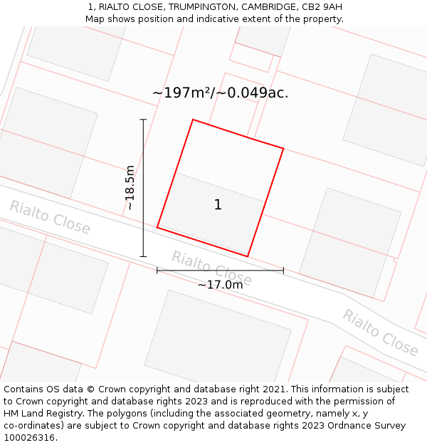 1, RIALTO CLOSE, TRUMPINGTON, CAMBRIDGE, CB2 9AH: Plot and title map