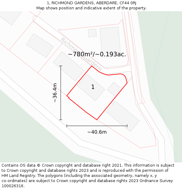 1, RICHMOND GARDENS, ABERDARE, CF44 0RJ: Plot and title map