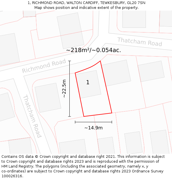 1, RICHMOND ROAD, WALTON CARDIFF, TEWKESBURY, GL20 7SN: Plot and title map