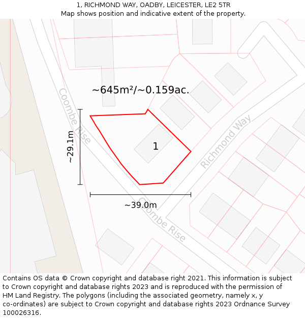 1, RICHMOND WAY, OADBY, LEICESTER, LE2 5TR: Plot and title map