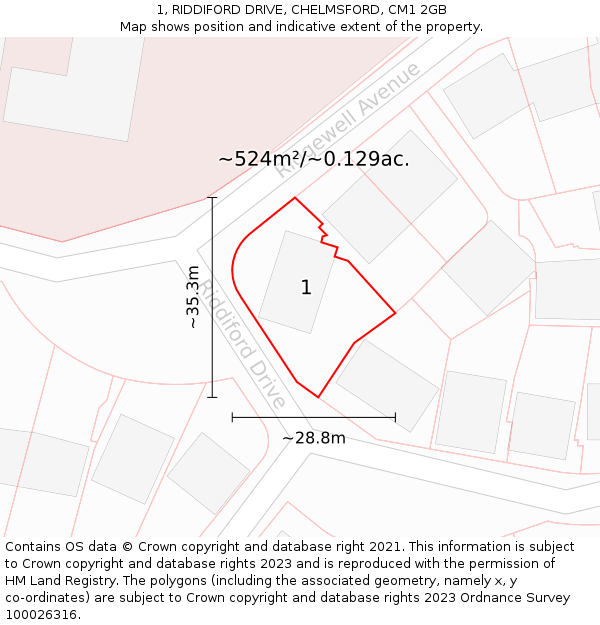 1, RIDDIFORD DRIVE, CHELMSFORD, CM1 2GB: Plot and title map