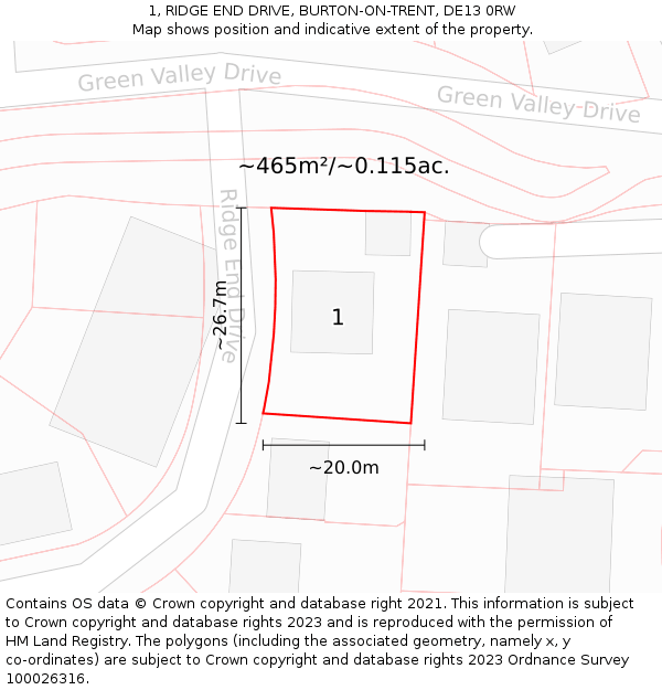 1, RIDGE END DRIVE, BURTON-ON-TRENT, DE13 0RW: Plot and title map