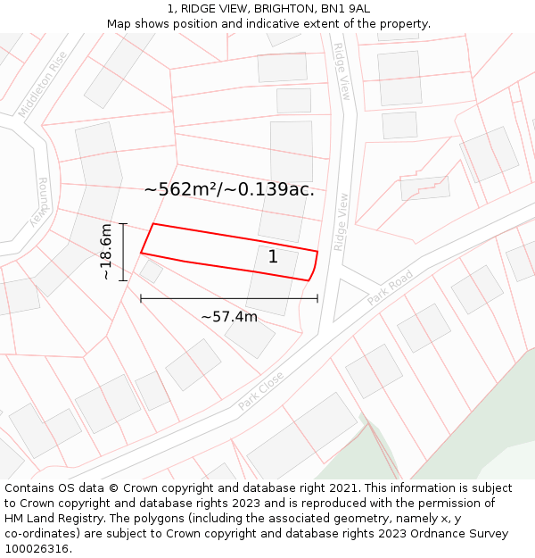 1, RIDGE VIEW, BRIGHTON, BN1 9AL: Plot and title map