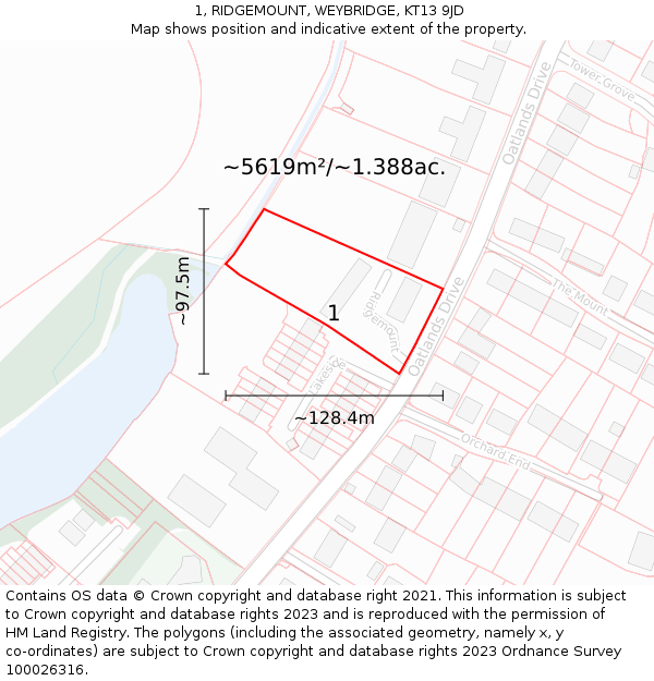 1, RIDGEMOUNT, WEYBRIDGE, KT13 9JD: Plot and title map