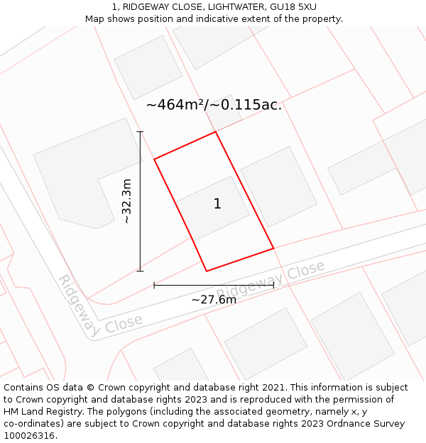 1, RIDGEWAY CLOSE, LIGHTWATER, GU18 5XU: Plot and title map