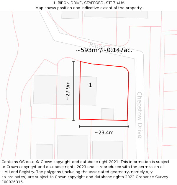 1, RIPON DRIVE, STAFFORD, ST17 4UA: Plot and title map