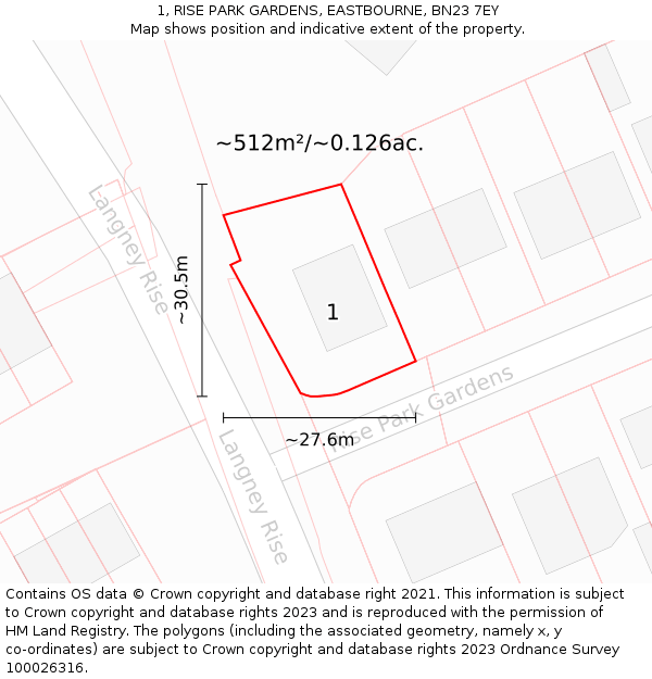 1, RISE PARK GARDENS, EASTBOURNE, BN23 7EY: Plot and title map