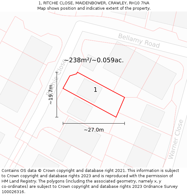 1, RITCHIE CLOSE, MAIDENBOWER, CRAWLEY, RH10 7NA: Plot and title map