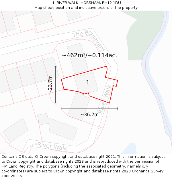 1, RIVER WALK, HORSHAM, RH12 1DU: Plot and title map