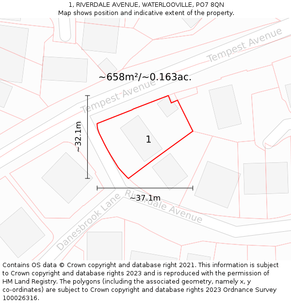 1, RIVERDALE AVENUE, WATERLOOVILLE, PO7 8QN: Plot and title map