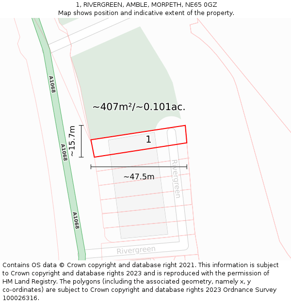 1, RIVERGREEN, AMBLE, MORPETH, NE65 0GZ: Plot and title map