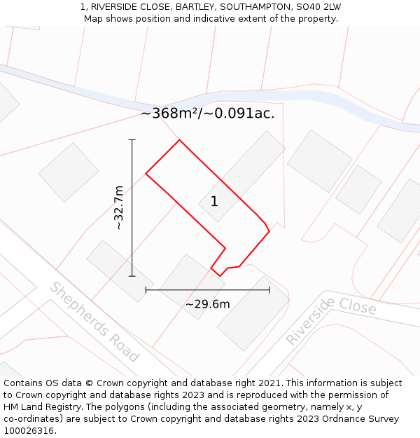 1, RIVERSIDE CLOSE, BARTLEY, SOUTHAMPTON, SO40 2LW: Plot and title map